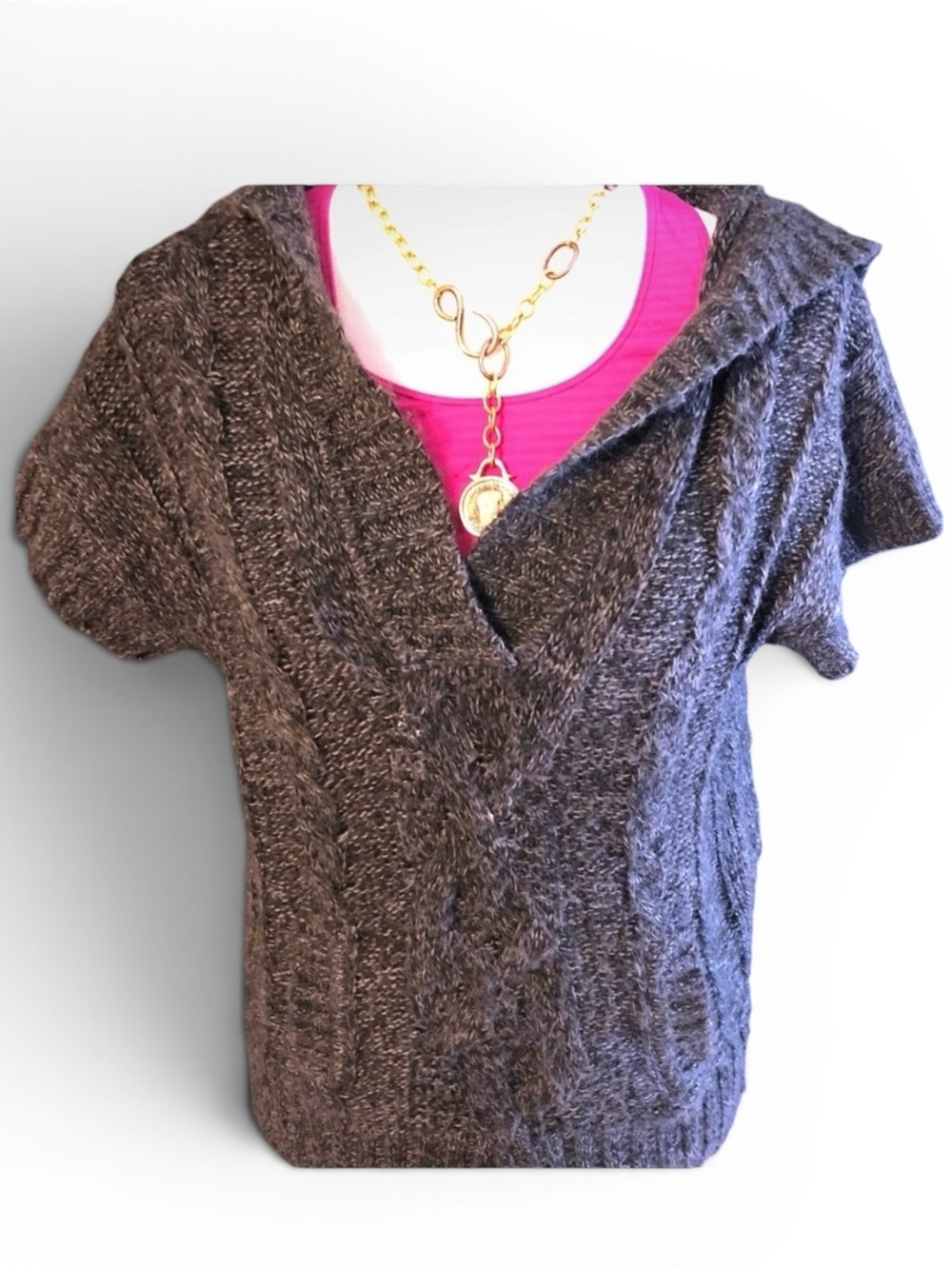 Gray Tweed Pullover Hooded V-Neck Sweater